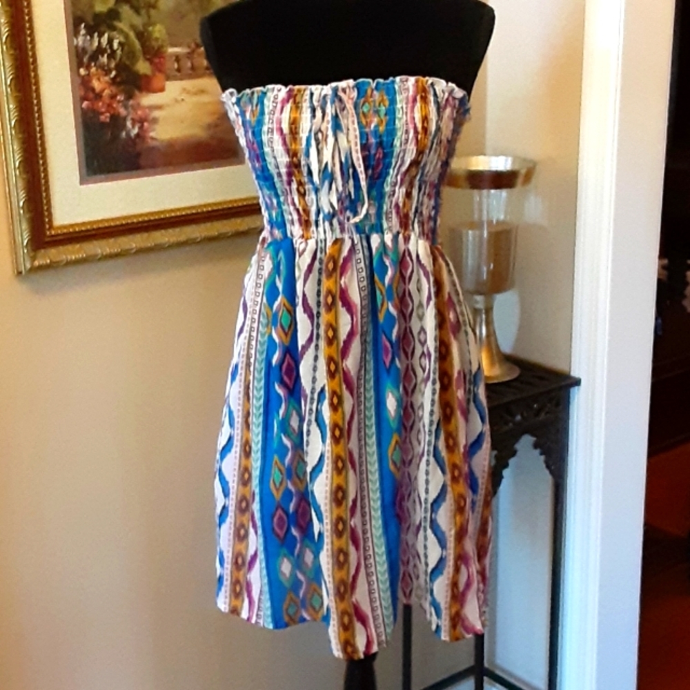 Bijoux Terner smocked dress/skirt geometric print blue pink stripe One Size New…